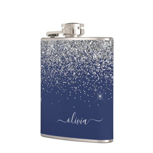 Silver Navy Blue Glitzer Giron Monogram Name Flachmann (Links)