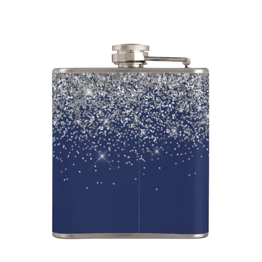 Silver Navy Blue Glitzer Giron Monogram Name Flachmann (Rückseite)