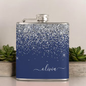 Silver Navy Blue Glitzer Giron Monogram Name Flachmann