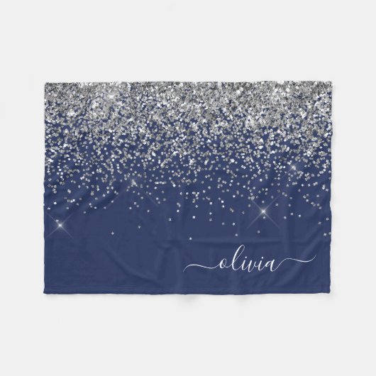 Silver Navy Blue Glitzer Giron Monogram Name Fleecedecke (Vorderseite (Horizontal))