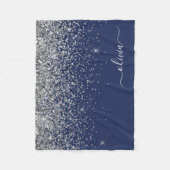 Silver Navy Blue Glitzer Giron Monogram Name Fleecedecke (Vorderseite)