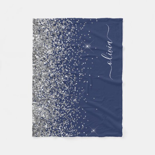 Silver Navy Blue Glitzer Giron Monogram Name Fleecedecke (Vorderseite)