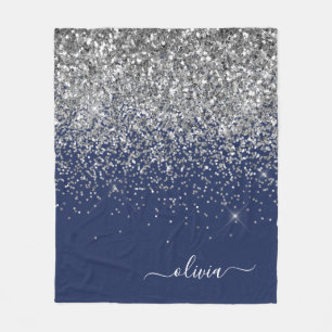 Silver Navy Blue Glitzer Giron Monogram Name Fleecedecke