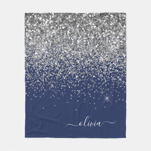 Silver Navy Blue Glitzer Giron Monogram Name Fleecedecke (Vorderseite)