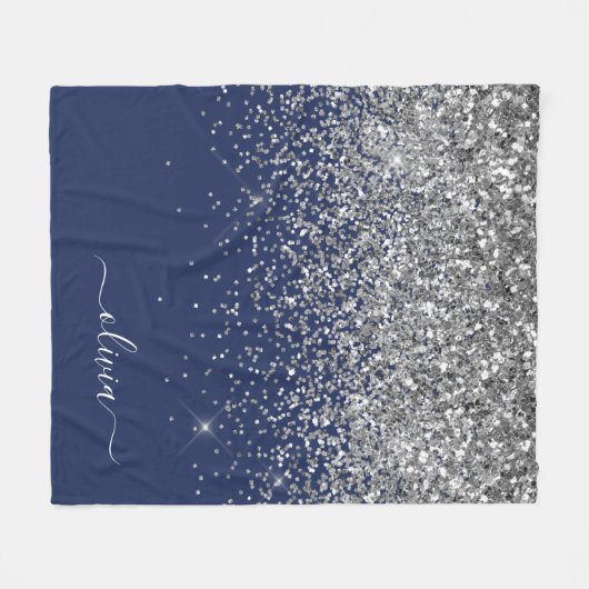 Silver Navy Blue Glitzer Giron Monogram Name Fleecedecke (Vorderseite (Horizontal))