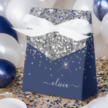 Silver Navy Blue Glitzer Giron Monogram Name
