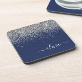 Silver Navy Blue Glitzer Giron Monogram Name Getränkeuntersetzer (Linke Seite)