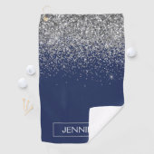 Silver Navy Blue Glitzer Giron Monogram Name Golfhandtuch (Insitu)