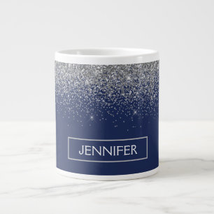 Silver Navy Blue Glitzer Giron Monogram Name Jumbo-Tasse