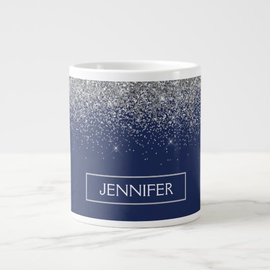 Silver Navy Blue Glitzer Giron Monogram Name Jumbo-Tasse (Vorderseite)