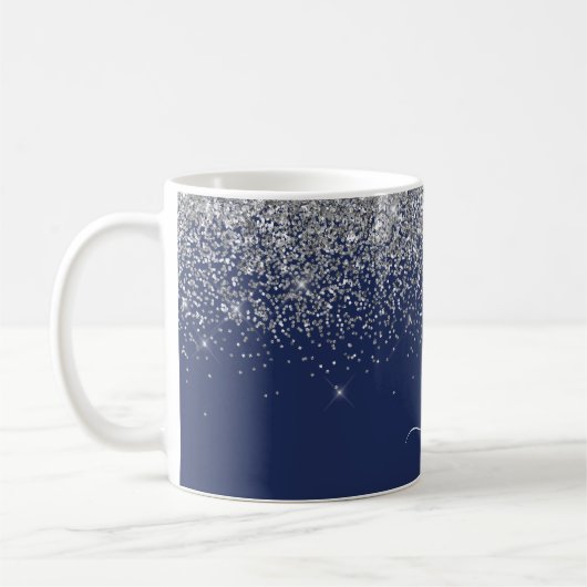 Silver Navy Blue Glitzer Giron Monogram Name Kaffeetasse (Links)