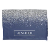 Silver Navy Blue Glitzer Giron Monogram Name Kissenbezug (Vorderseite)