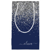Silver Navy Blue Glitzer Giron Monogram Name Kleine Geschenktüte (Vorderseite)