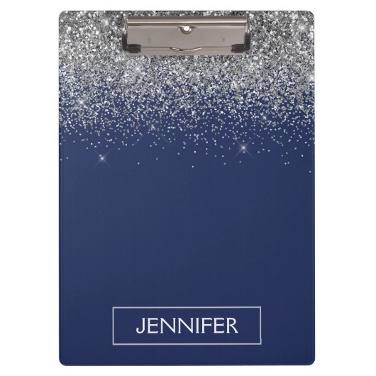 Silver Navy Blue Glitzer Giron Monogram Name Klemmbrett (Vorderseite)