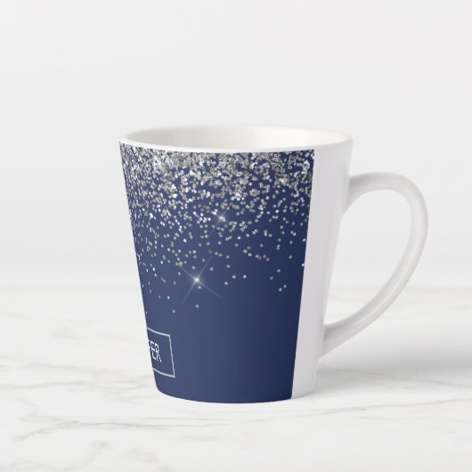 Silver Navy Blue Glitzer Giron Monogram Name Milchtasse (Rechts)
