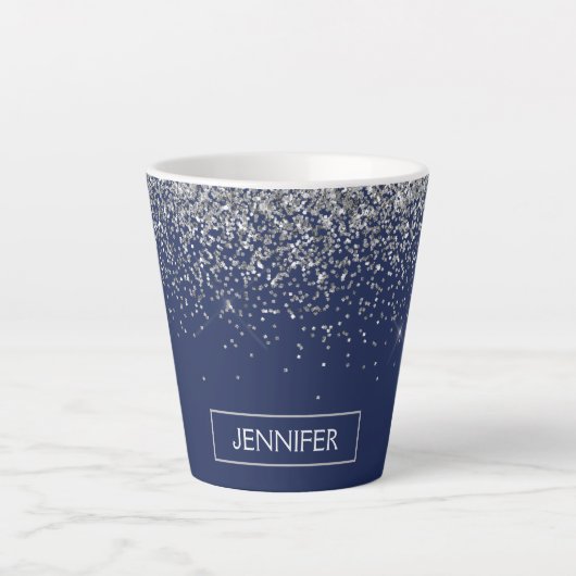 Silver Navy Blue Glitzer Giron Monogram Name Milchtasse (Vorderseite)