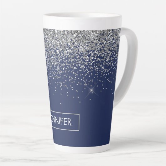 Silver Navy Blue Glitzer Giron Monogram Name Milchtasse (Rechte Ecke)