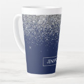 Silver Navy Blue Glitzer Giron Monogram Name Milchtasse (Linke Ecke)