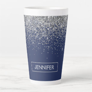 Silver Navy Blue Glitzer Giron Monogram Name Milchtasse