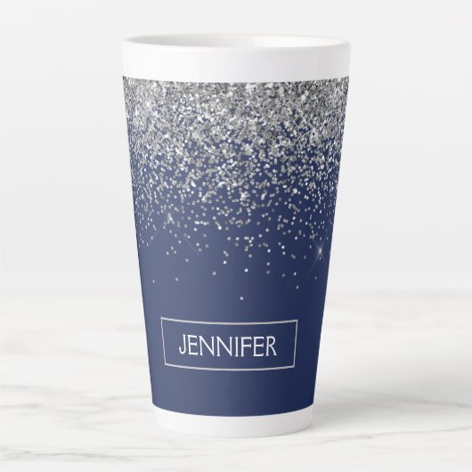 Silver Navy Blue Glitzer Giron Monogram Name Milchtasse (Vorderseite)