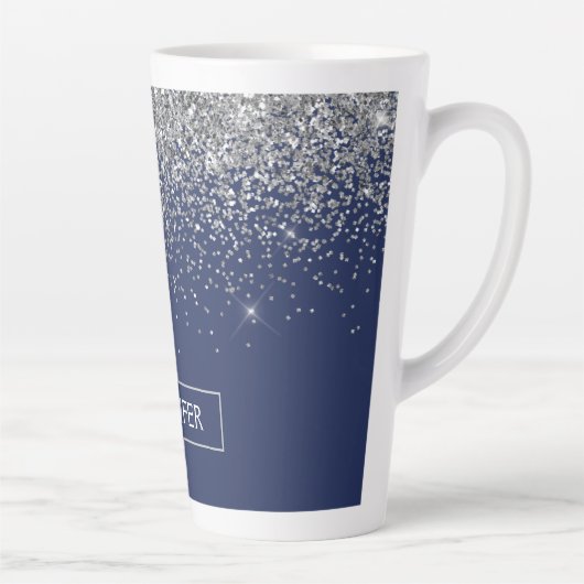 Silver Navy Blue Glitzer Giron Monogram Name Milchtasse (Rechts)