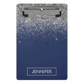 Silver Navy Blue Glitzer Giron Monogram Name Mini Klemmbrett (Vorderseite)