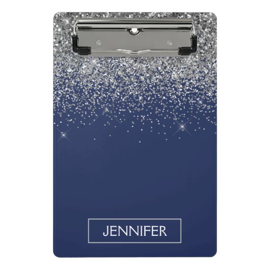 Silver Navy Blue Glitzer Giron Monogram Name Mini Klemmbrett (Vorderseite)