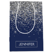 Silver Navy Blue Glitzer Giron Monogram Name Mittlere Geschenktüte (Vorderseite)