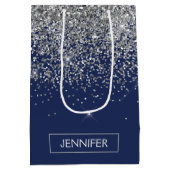 Silver Navy Blue Glitzer Giron Monogram Name Mittlere Geschenktüte (Rückseite)