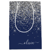 Silver Navy Blue Glitzer Giron Monogram Name Mittlere Geschenktüte (Vorderseite)