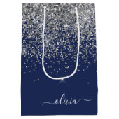 Silver Navy Blue Glitzer Giron Monogram Name Mittlere Geschenktüte (Rückseite)