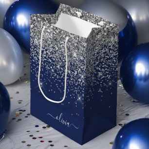 Silver Navy Blue Glitzer Giron Monogram Name Mittlere Geschenktüte