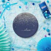 Silver Navy Blue Glitzer Giron Monogram Name Pappteller (Party)