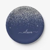 Silver Navy Blue Glitzer Giron Monogram Name Pappteller (Vorderseite)
