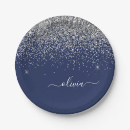 Silver Navy Blue Glitzer Giron Monogram Name Pappteller