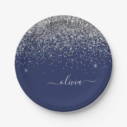 Silver Navy Blue Glitzer Giron Monogram Name Pappteller (Vorderseite)