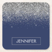 Silver Navy Blue Glitzer Giron Monogram Name Rechteckiger Pappuntersetzer (Vorderseite)
