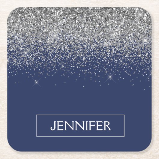 Silver Navy Blue Glitzer Giron Monogram Name Rechteckiger Pappuntersetzer (Vorderseite)