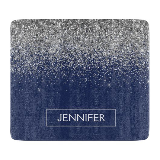 Silver Navy Blue Glitzer Giron Monogram Name Schneidebrett (Vorderseite)