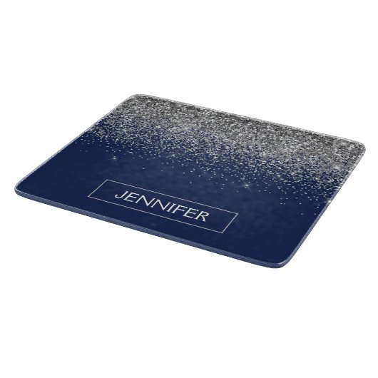 Silver Navy Blue Glitzer Giron Monogram Name Schneidebrett (Ecke)