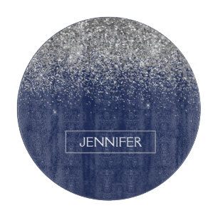 Silver Navy Blue Glitzer Giron Monogram Name Schneidebrett