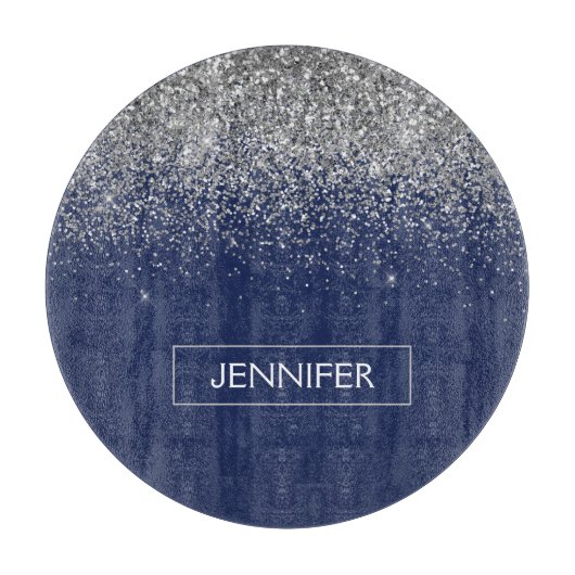 Silver Navy Blue Glitzer Giron Monogram Name Schneidebrett (Vorderseite)