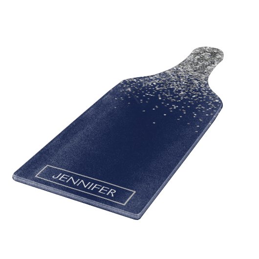 Silver Navy Blue Glitzer Giron Monogram Name Schneidebrett (Ecke)