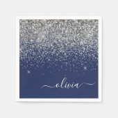 Silver Navy Blue Glitzer Giron Monogram Name Serviette (Vorderseite)