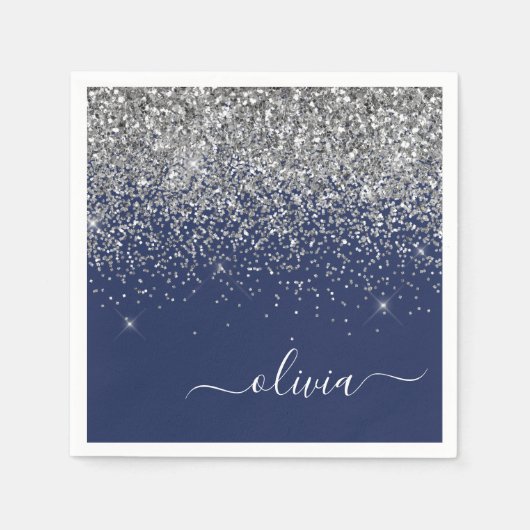 Silver Navy Blue Glitzer Giron Monogram Name Serviette (Vorderseite)