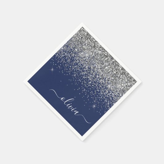 Silver Navy Blue Glitzer Giron Monogram Name Serviette (Ecke)
