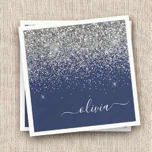 Silver Navy Blue Glitzer Giron Monogram Name Serviette
