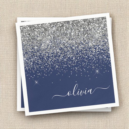 Silver Navy Blue Glitzer Giron Monogram Name Serviette