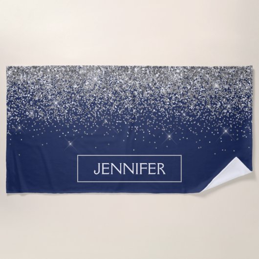 Silver Navy Blue Glitzer Giron Monogram Name Strandtuch (Vorderseite)