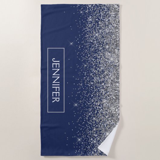Silver Navy Blue Glitzer Giron Monogram Name Strandtuch (Vorderseite)